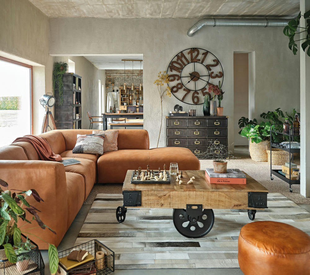 Colorado - Table basse industrielle à roulettes en bois de manguier massif et métal L130