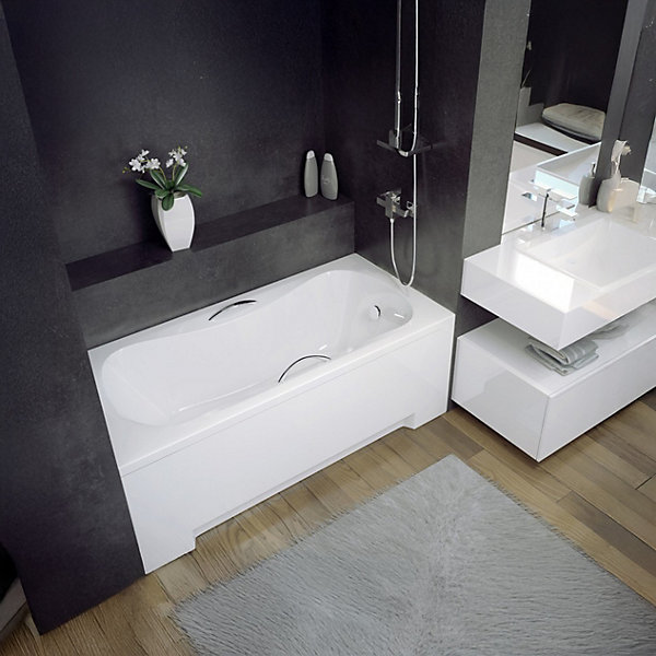 Baignoire rectangulaire 130x70 ARIA PLUS acrylique blanc   Support stabilisateur en polystyrène   Poignées  Pieds  Vidage à chromé