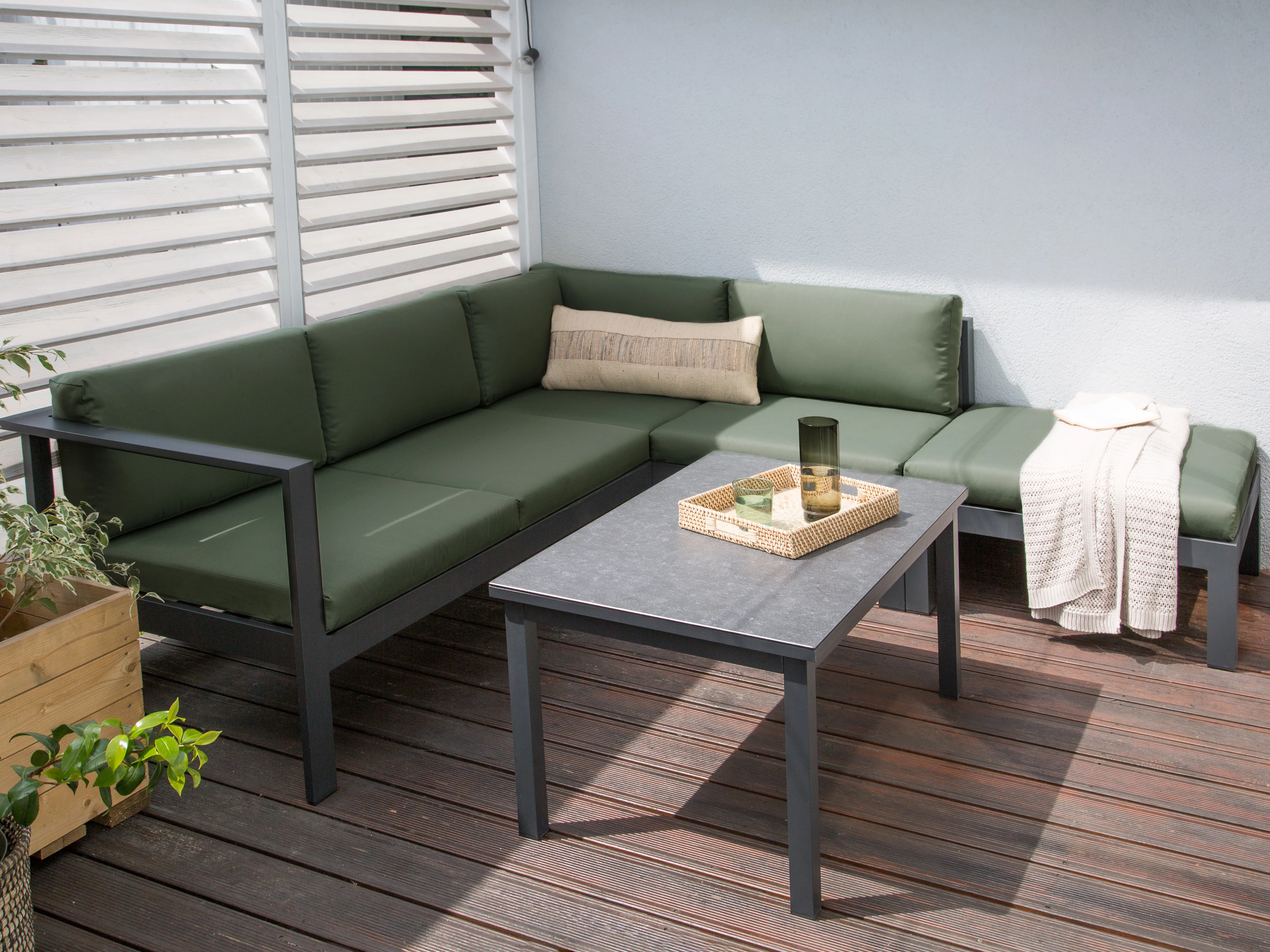 Garden Corner Sofa with Table 5 Seater MESSINA Left Hand Metal Green