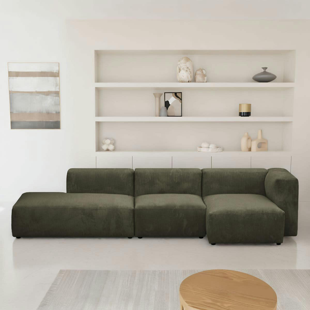 MODULO - Canapé modulable angle droit 5 places en velours côtelé vert kaki