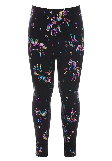 Younger Girls Black Foil Unicorn Leggings