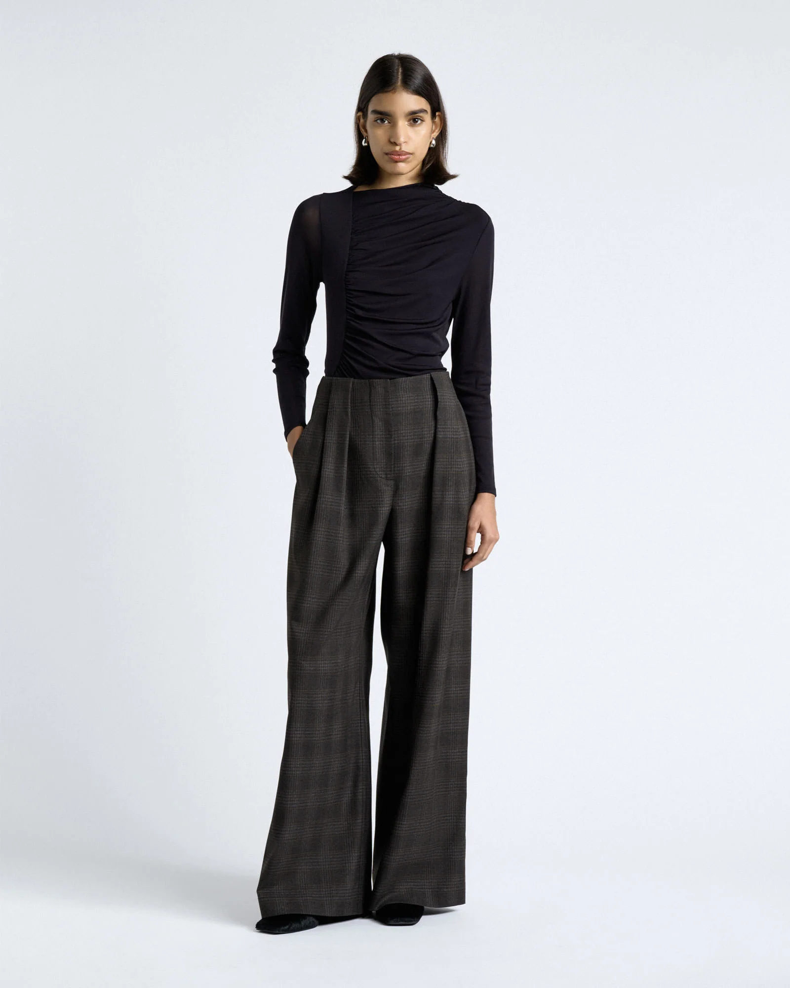 Dark Ink Ruched Mesh Long Sleeve Top