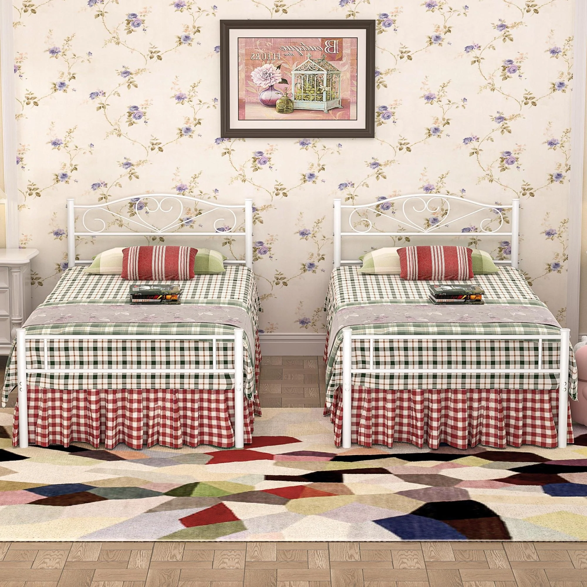 VECELO Modern Twin Size Bed Frames Metal Kids Bed Frame Without Box Spring, Twin Bed Set of 2