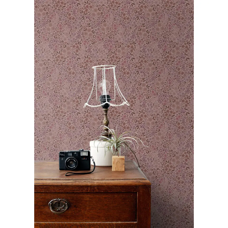 ESTAhome behang bloemetjes oudroze en aubergine paars - 53 cm x 10.05 m