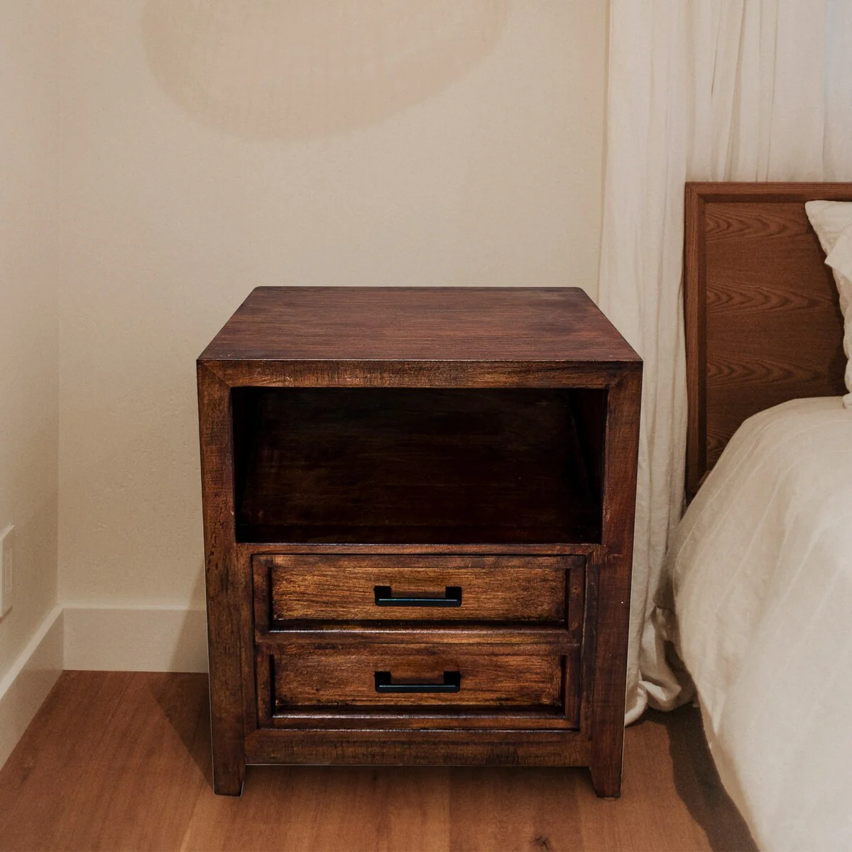 Rustic Dark Brown Solid Wood 2-Drawer Nightstand Bedside Table