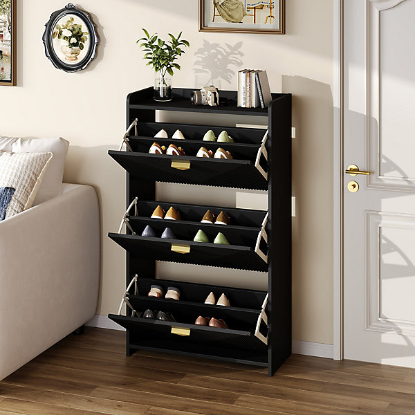 Meuble à Chaussures - Meuble d'entrée avec 3 Abattants et étagères Réglables - en MDF - Noir