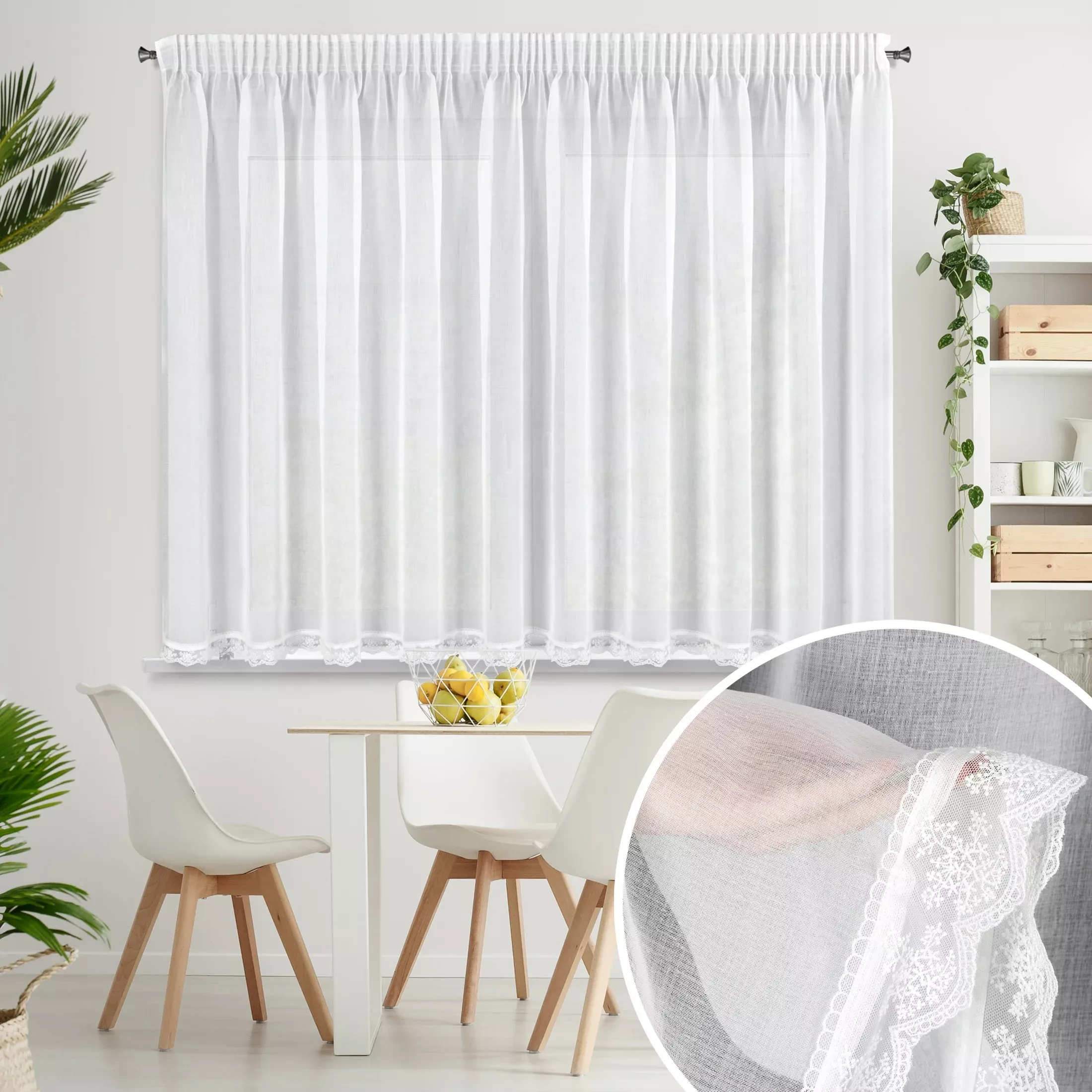 Firana biała zdobiona subtelną koronką 350x150 cm taśma SUZAN