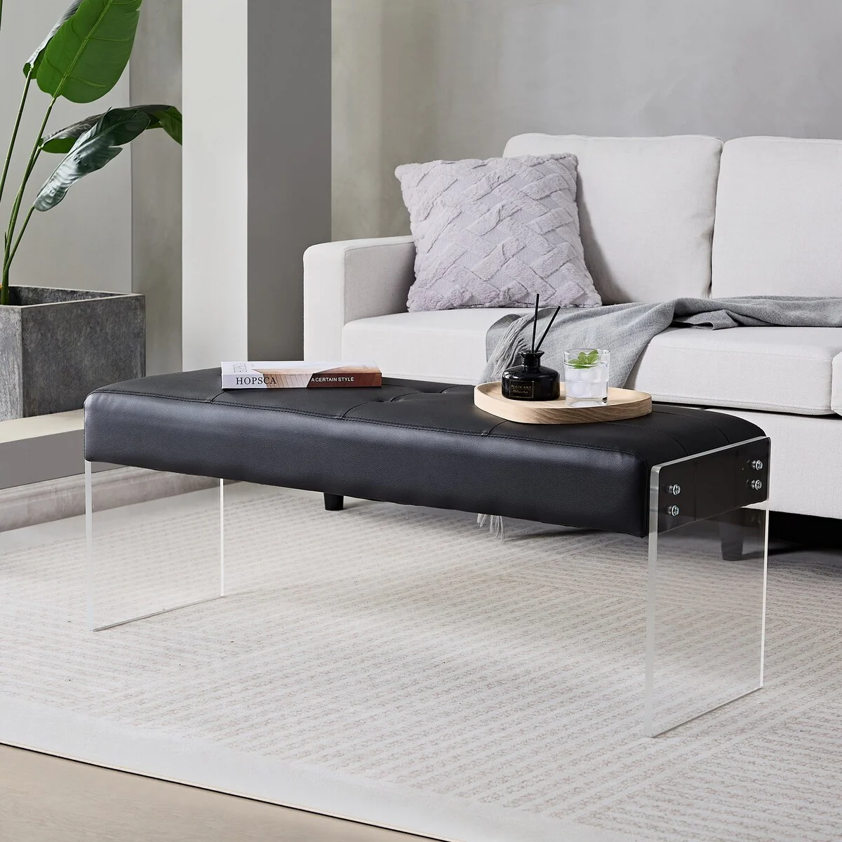 Javlergo Upholstered Entryway Bench, Faux Leather Bedroom/Living Room Bench, Acrylic Base 44.7-inch