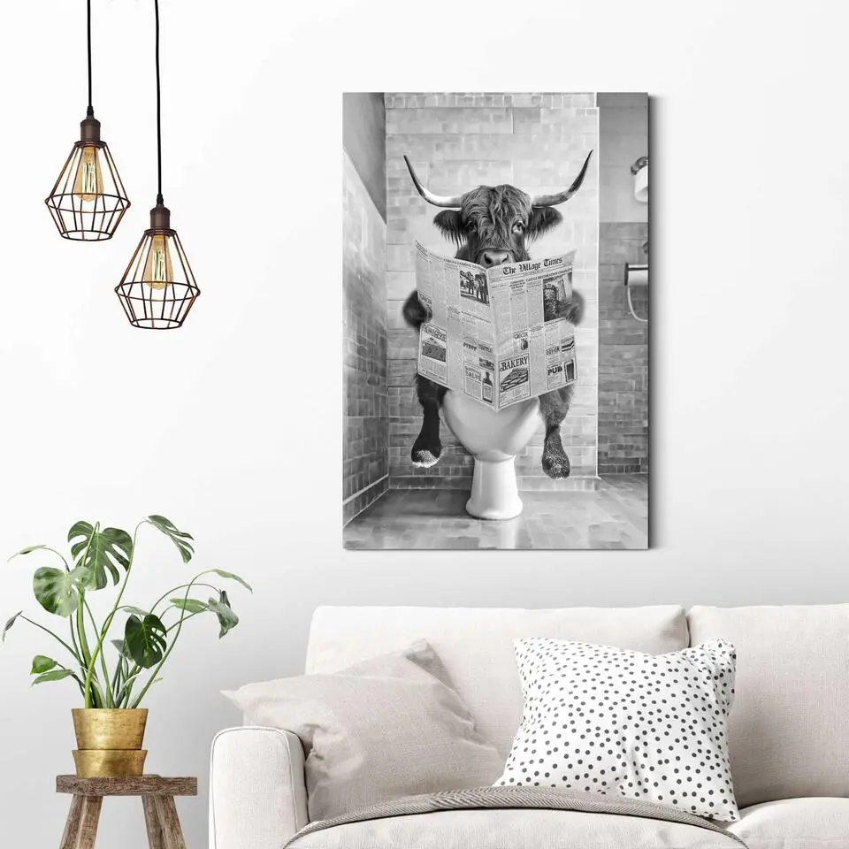 Schilderij Highlander Toilet - 90 x 60 - Zwart-Wit