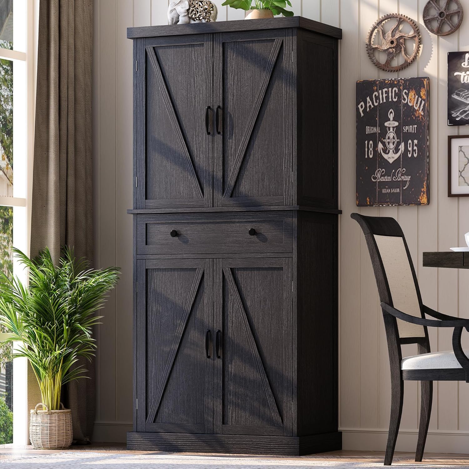 kepptory 72 Tall Kitchen Pantry Cabinet, Black Pantry Storage Cabinet with Adjustable Shelves, Barn Doors and Drawer, Farmhouse Cupboard for Kitchen, Dining Room, Bathroom (16 D x 30 W x 72 H)