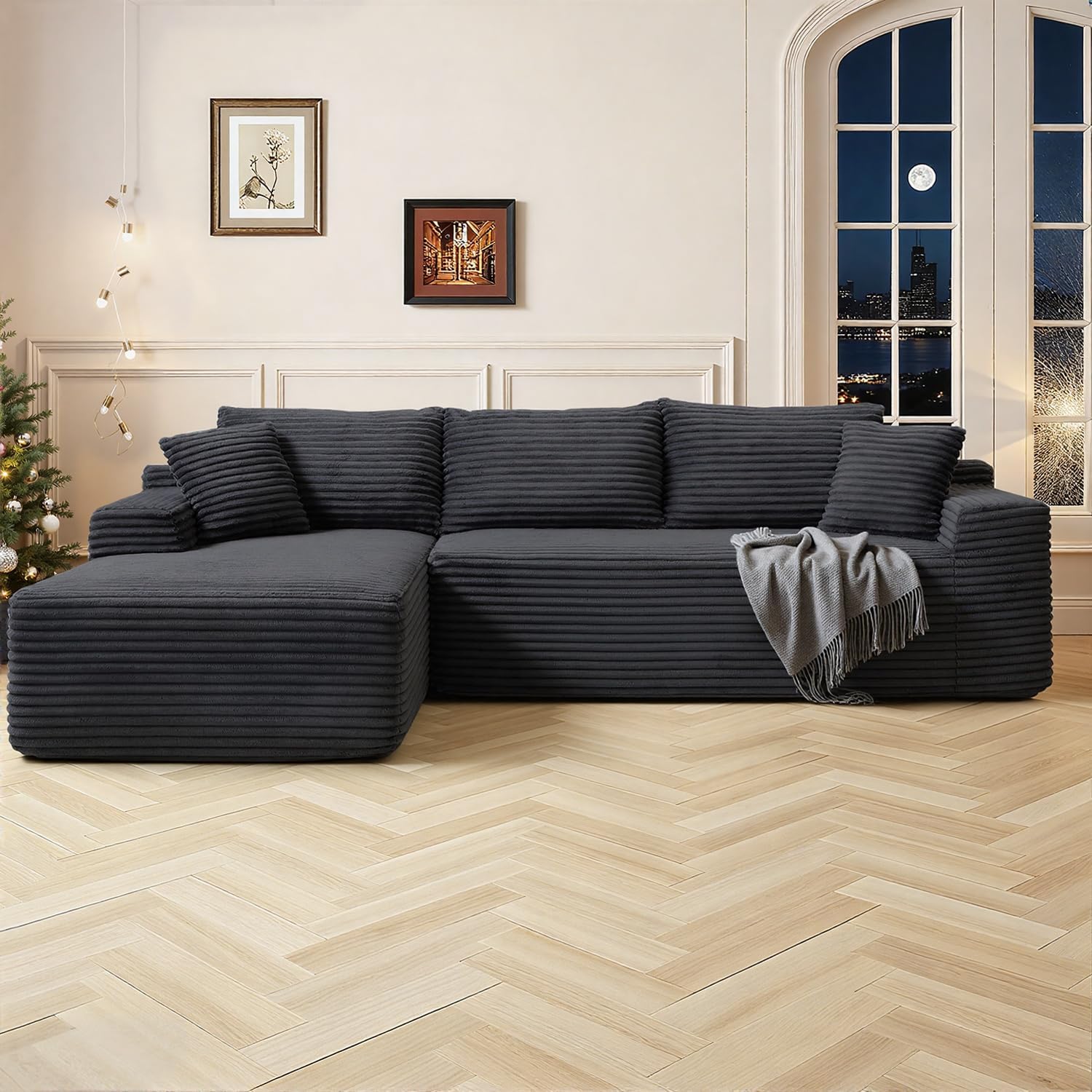 108 Inch Cloud Sectional Couch,Modern Modular Sectional Sofa with Deep Seat,Corduroy Boneless Couches with L-Shape Chaise for Living Room,No Assembly Required (Black, Left Facing Chaise)