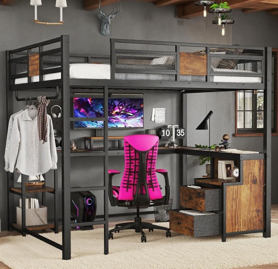 Bellemave Queen Loft Bed with Desk and Fabric Drawer, Metal Queen Loft Bed Frame with guardrail and Ladder for Adults, Kids, Teens, Black
