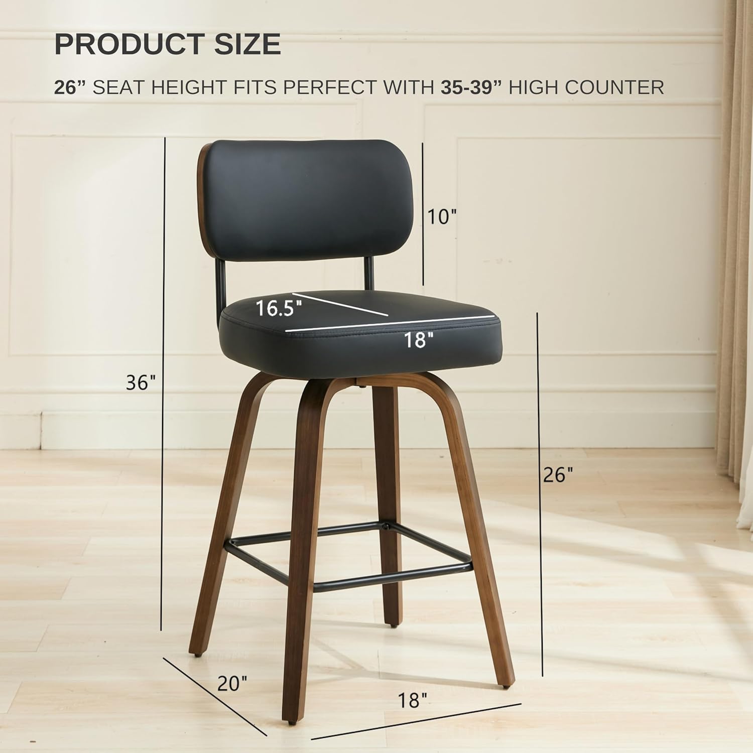 Swivel Bar Stools Set of 3, 26 Upholstered Counter Height Bar Stools with Back and Walnut Wood Legs, Faux Leather Barstools for Kitchen Counter, Black