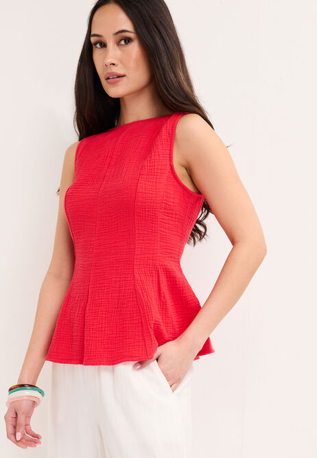 Womens Red Cotton Peplem Top