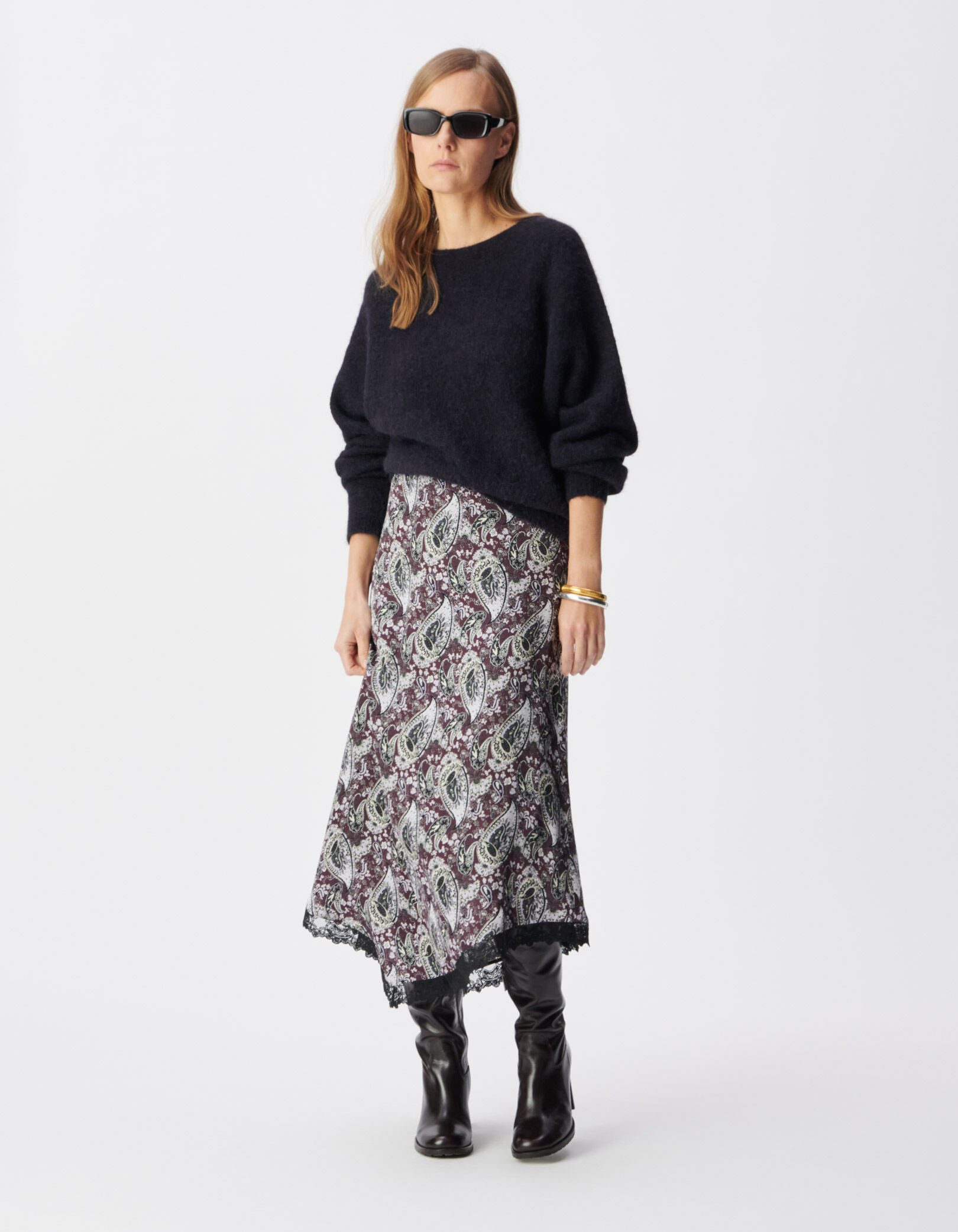 Jupe longue asymétrique cassis motif cachemire Femme