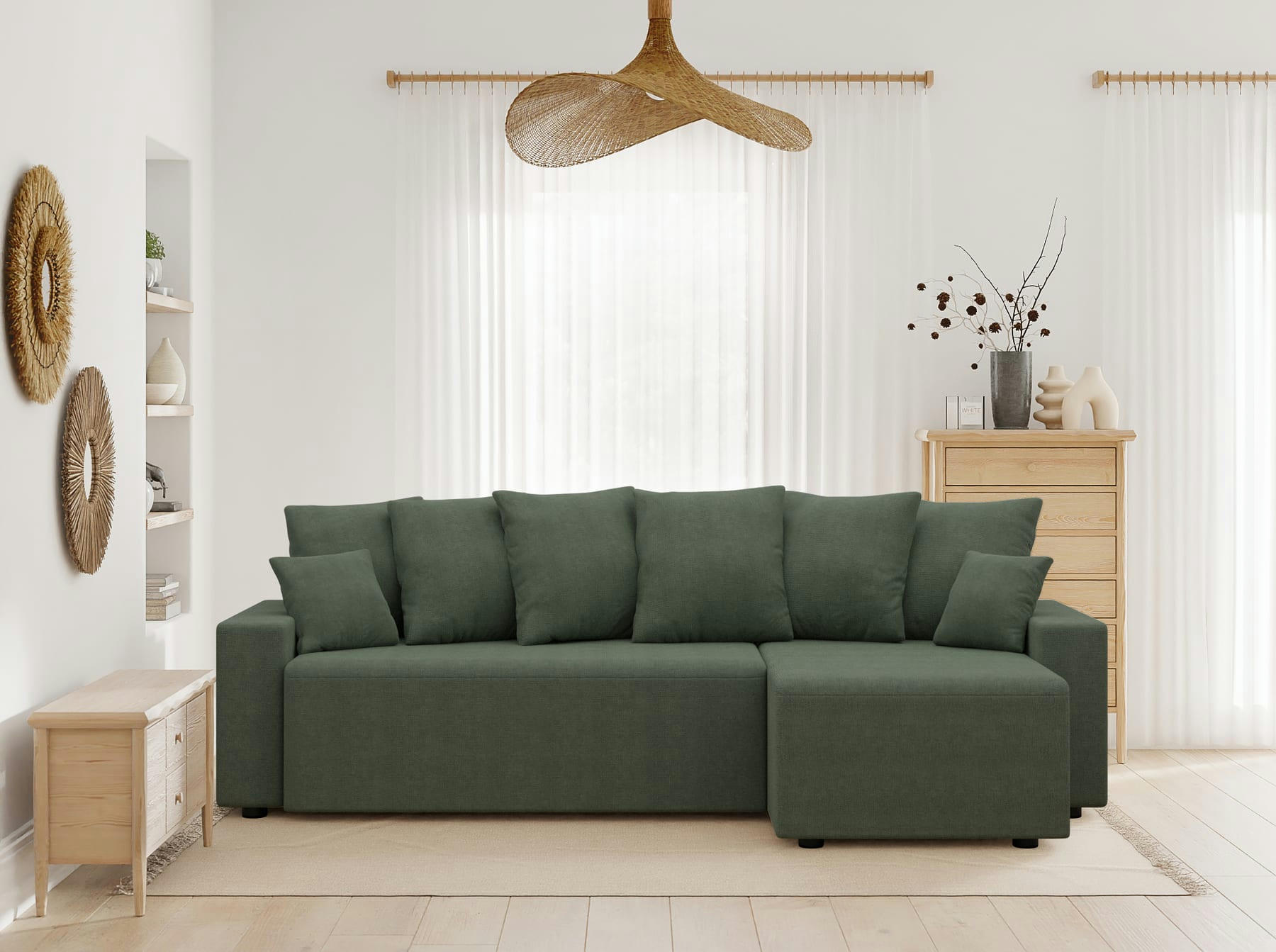 ALMA - Canapé d'angle convertible en tissu 4 places vert