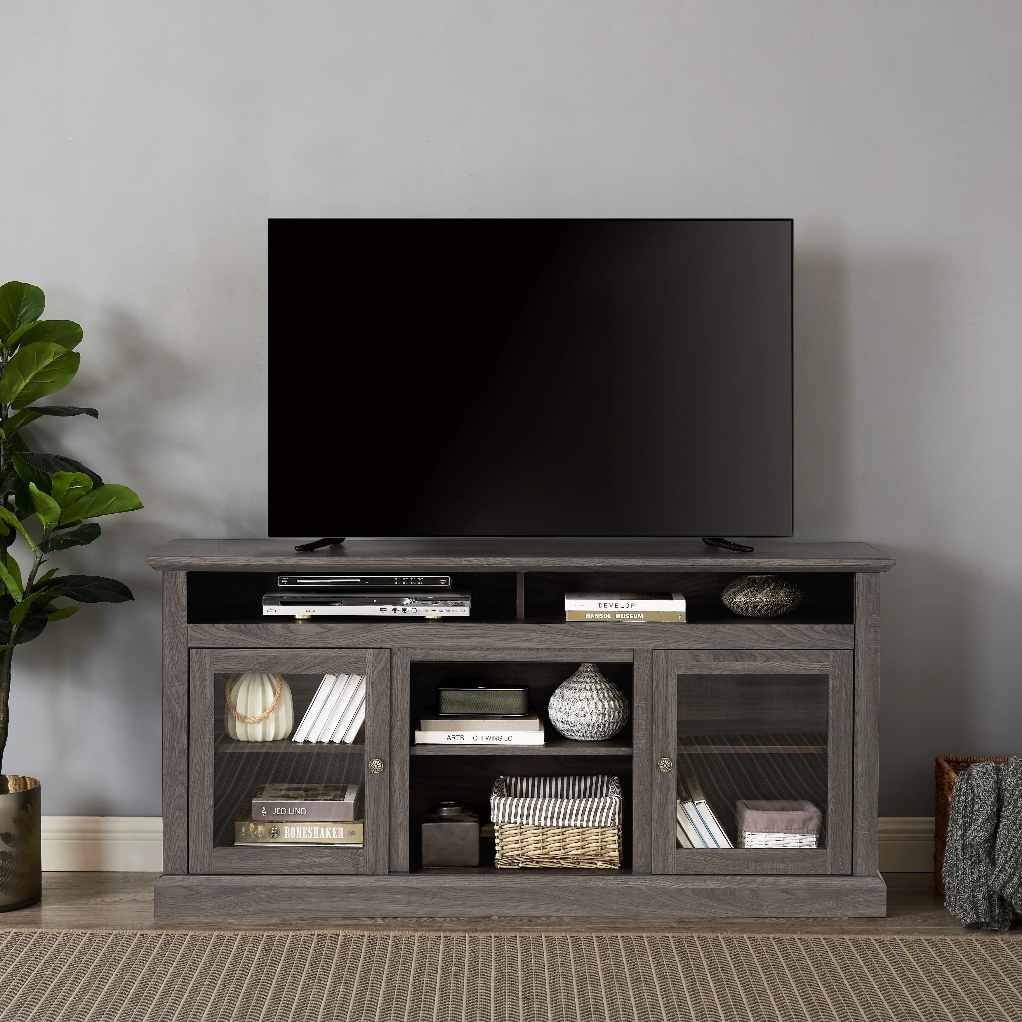 Black + Dark Walnut 60 Modern TV Stand with Shelves & Glass Cabinets for TVs Up to 65