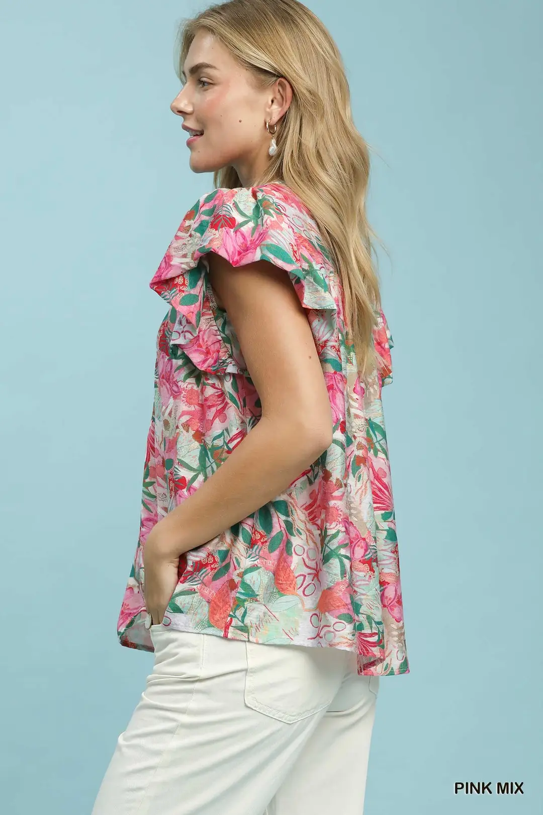 Mix Tropical Print Blouse with Ruffle Cap Sleeves