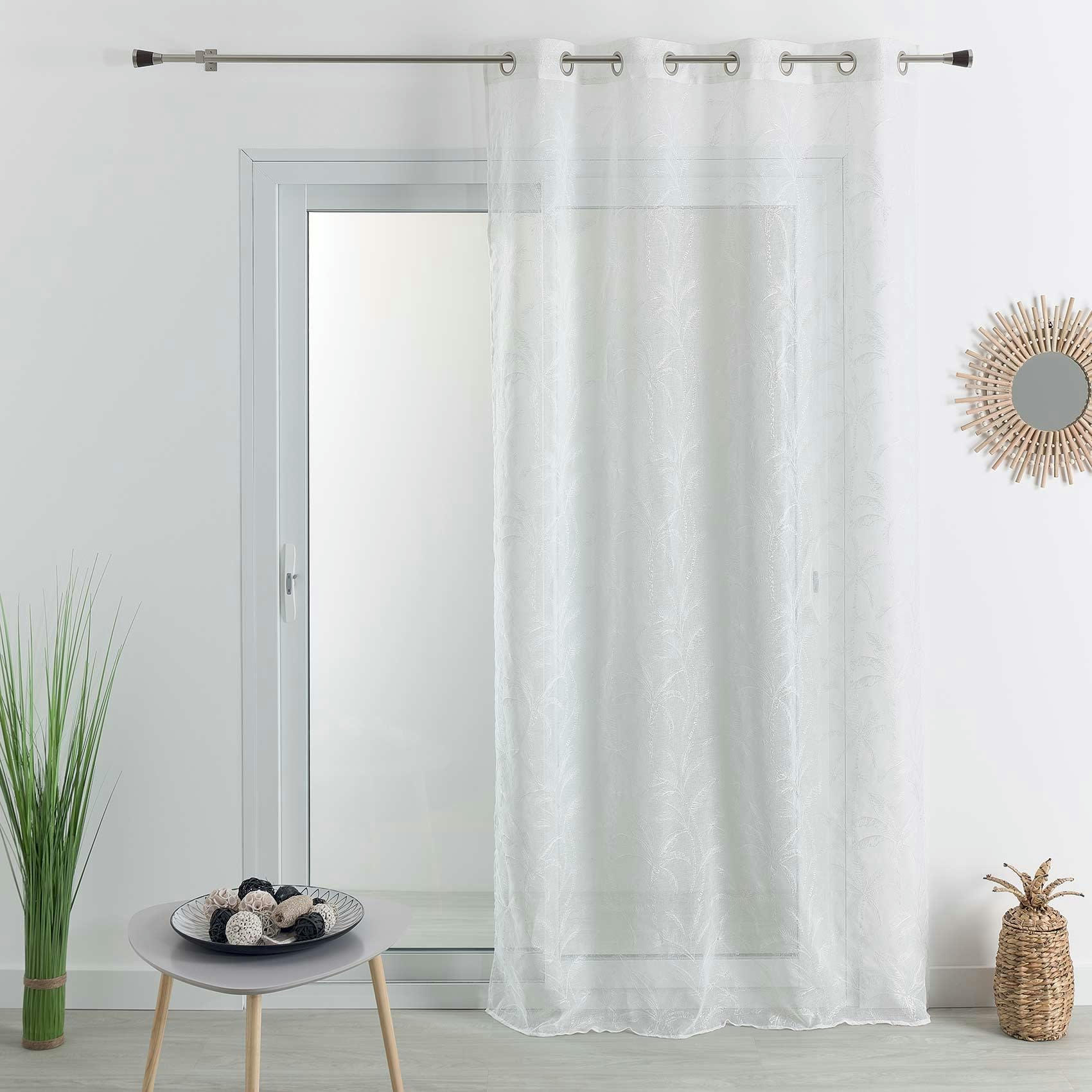 - Voilage esprit tropical en étamine brodée polyester blanc 140x240 cm