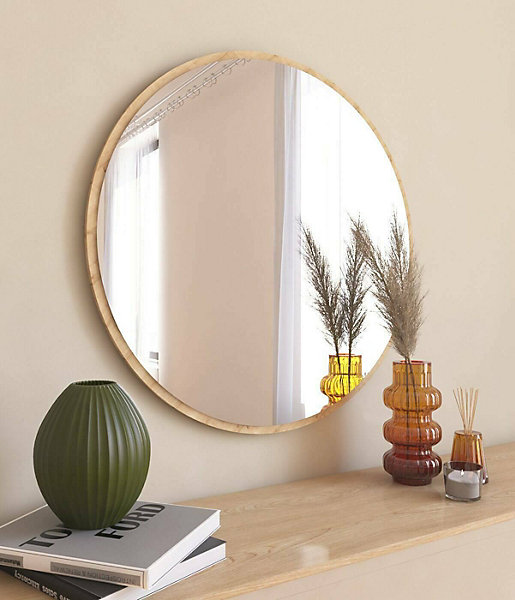 Miroir Euterpe, Verre miroité, Objet d'ameublement mural, Décoration avec miroir, 60x2h60 cm, Chêne