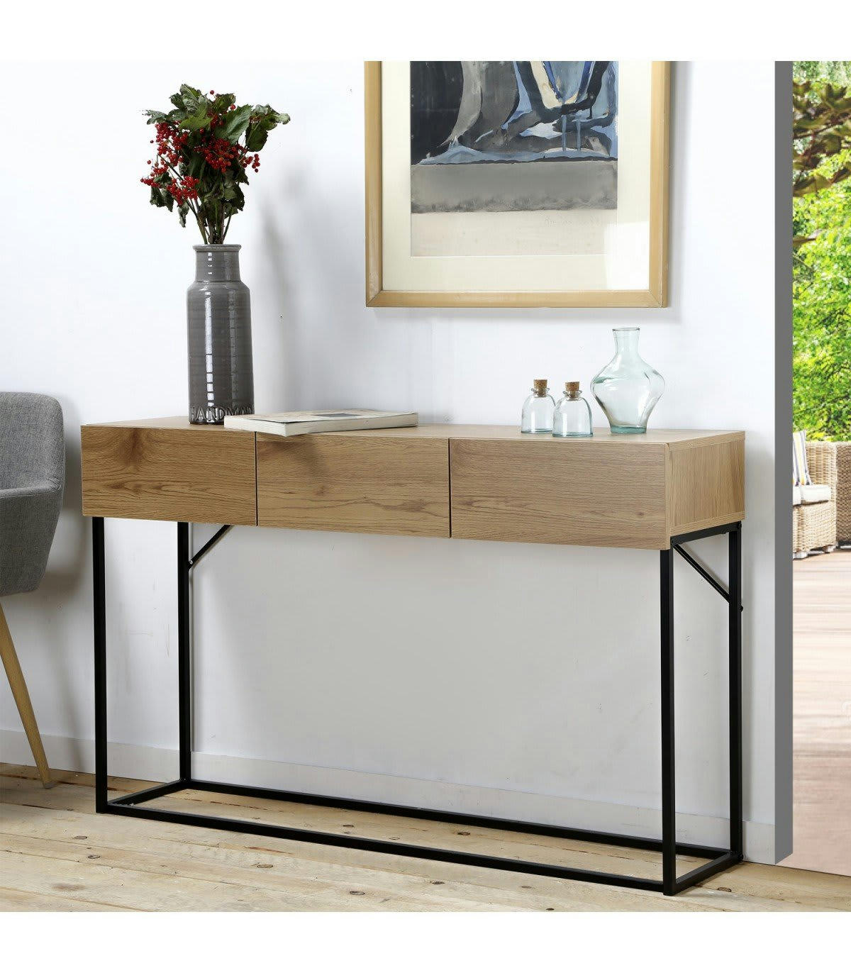 - Console 3 Tiroirs Décor Chêne L120cm