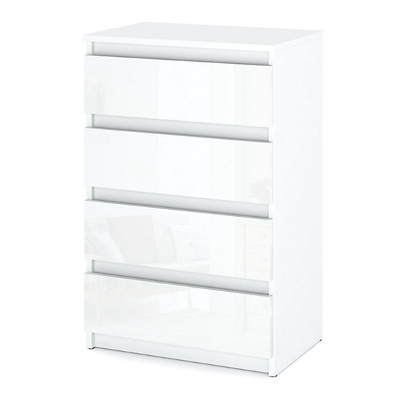 Commode blanche brillant 60 cm avec 4 tiroirs - meuble TV, mobilier pour salon et chambre LOFT
