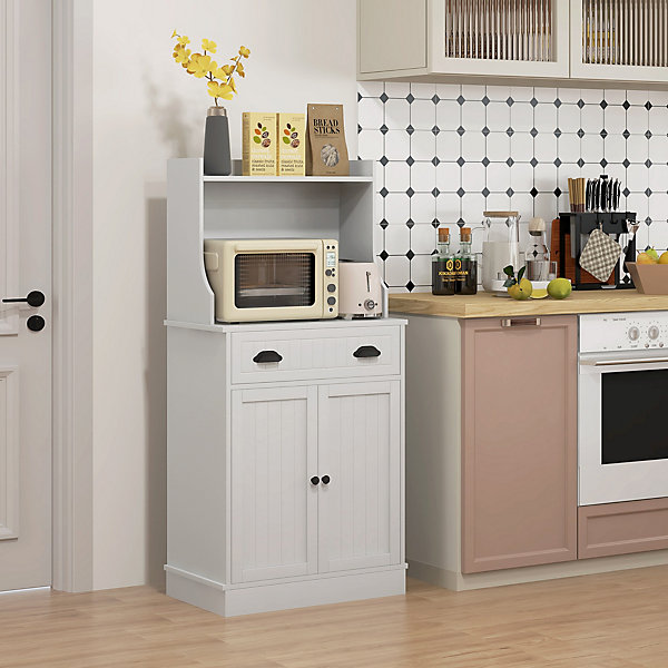 Meuble micro-ondes - rangement cuisine - 2 portes, 3 étagères, tiroir, niche - MDF blanc