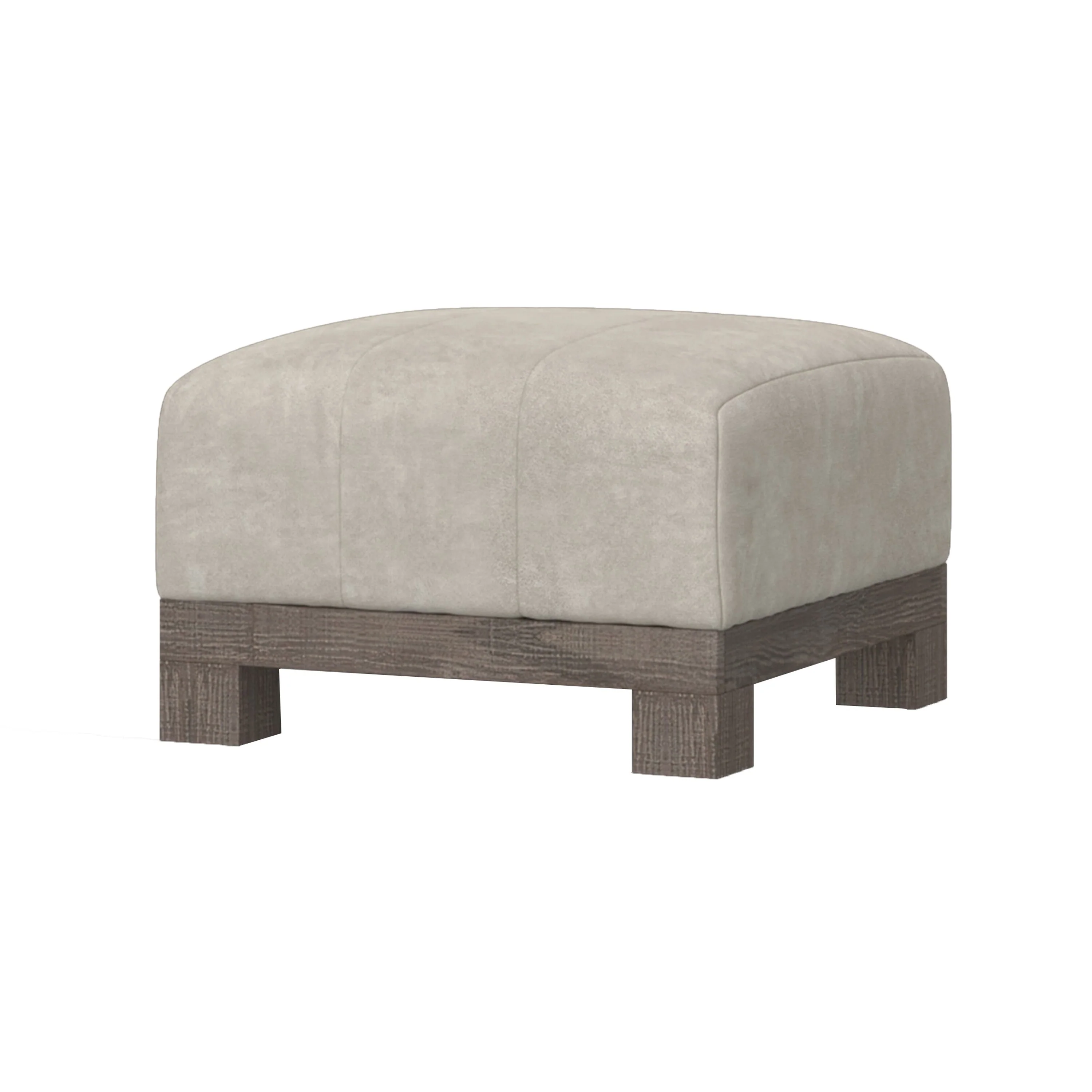 Sama Ottoman with Block Feet, 28 Inch Square Solid Wood, White Fabric