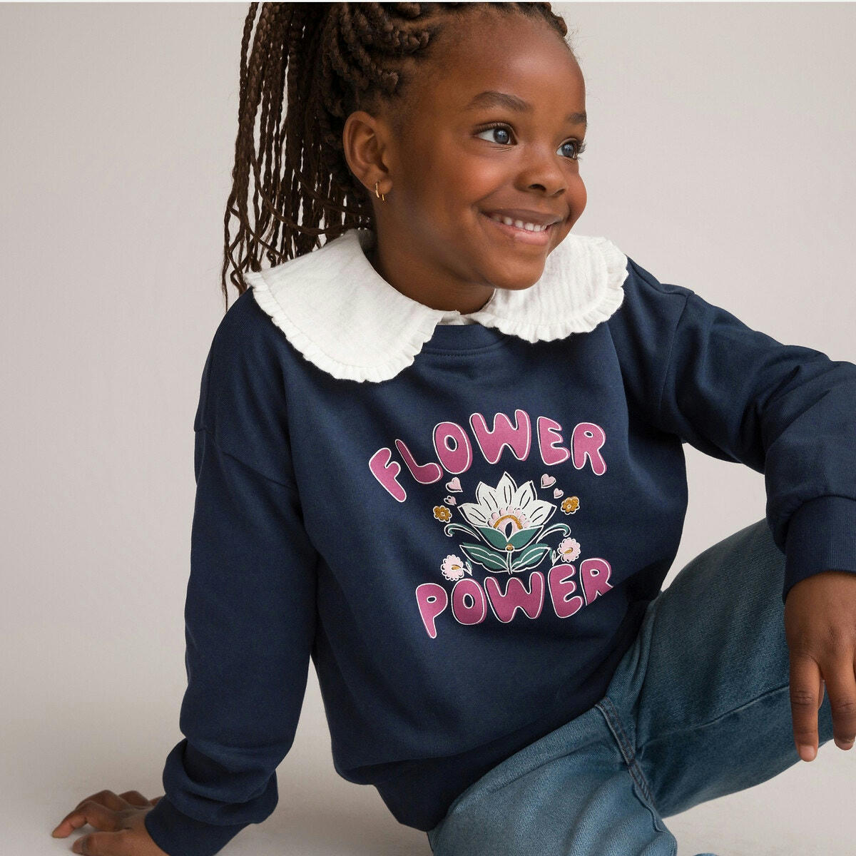 Sweat col rond en molleton, imprimé fleurs devant