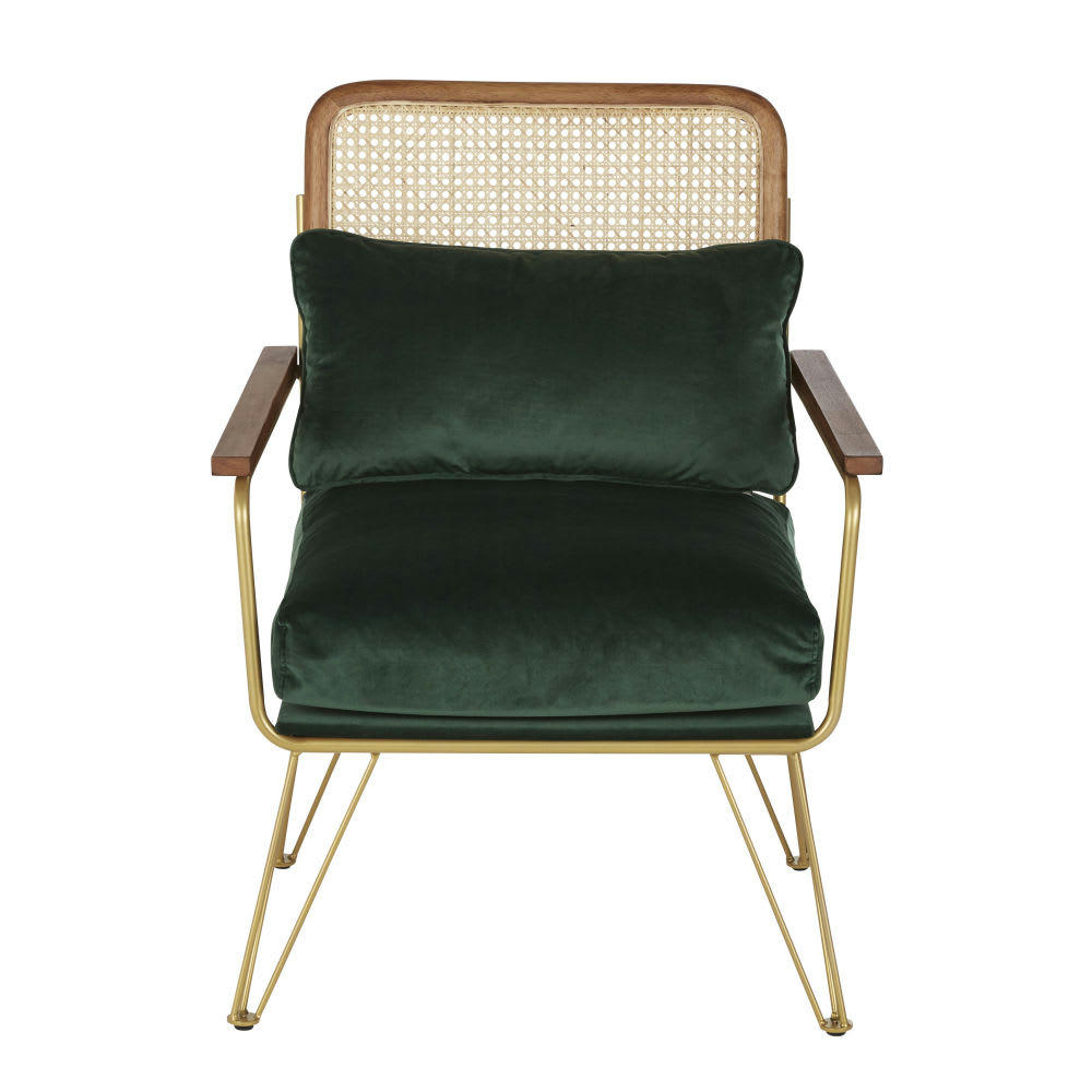 Rosalie - Fauteuil en velours vert cannage en rotin