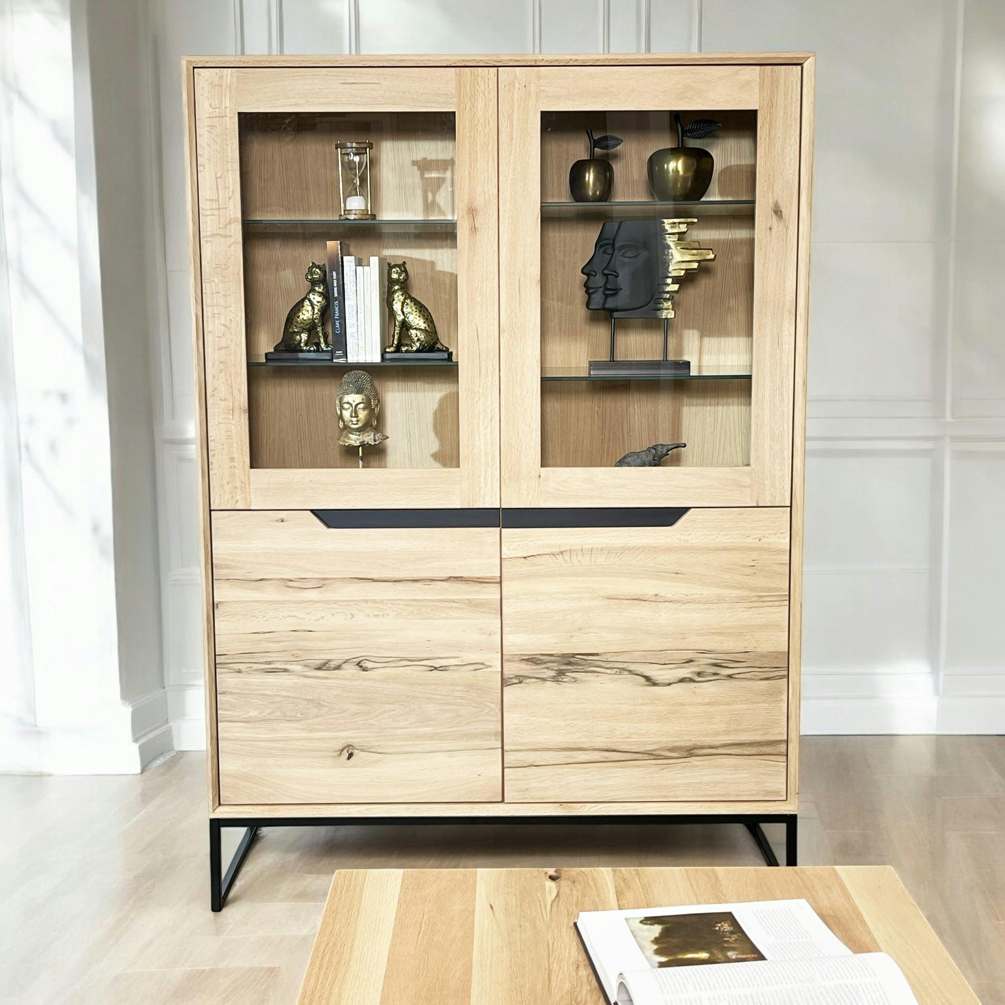 Buffet haut en chêne massif blanc éclairage led PALERME