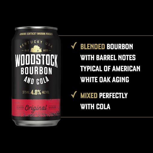 Woodstock Bourbon and Cola, Full-Bodied Mixed Drink, Smooth Whiskey Premix, 4.8% ABV, 375mL (Case of 24 Cans)
