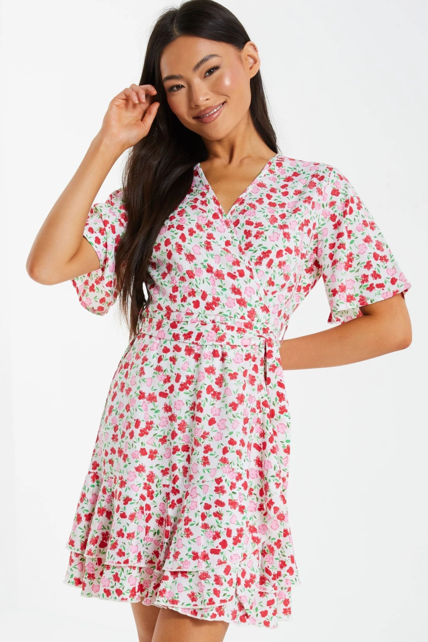 Quiz Pink & White Ditsy Print Wrap Skater Dress