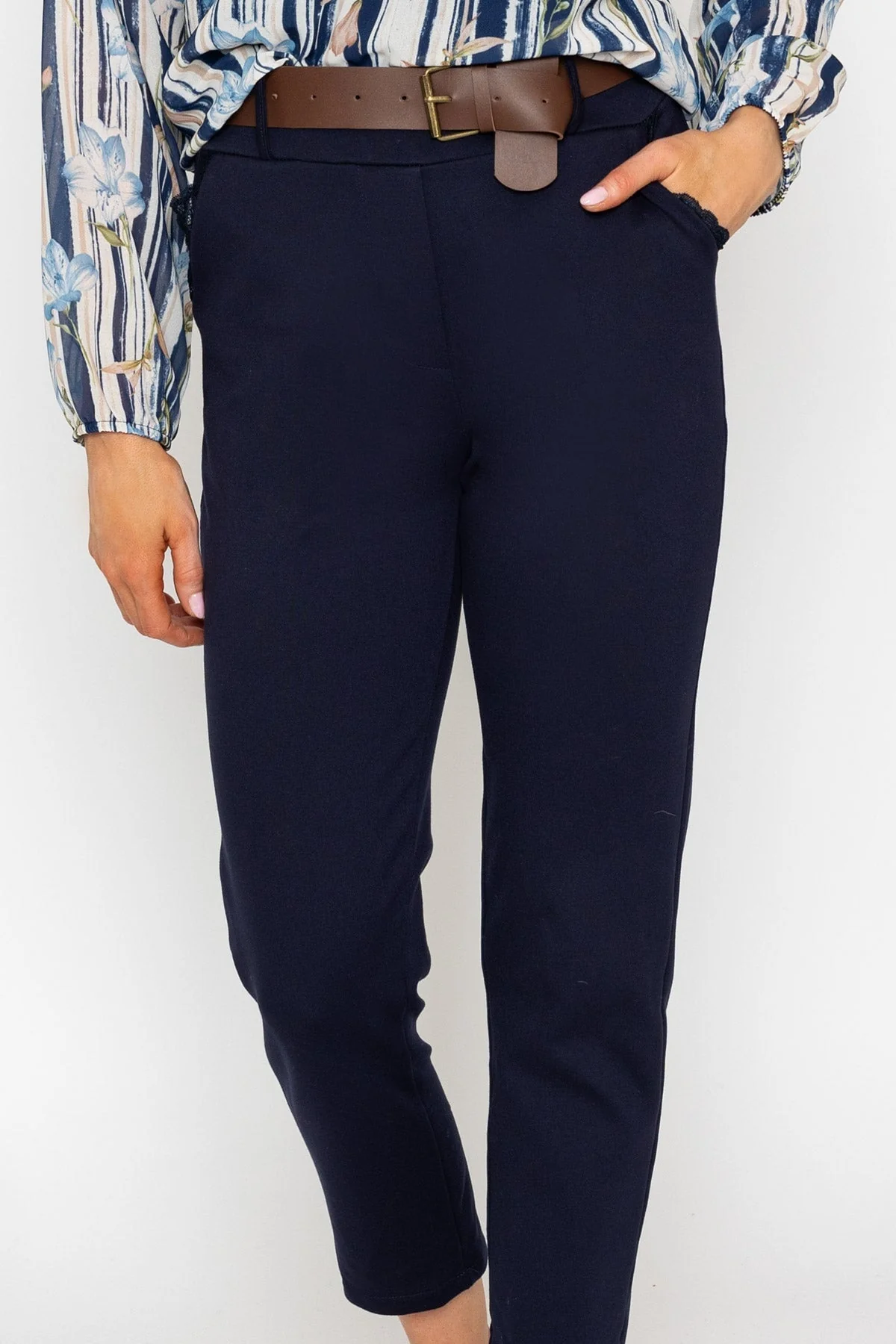 Navy Pull Up Ponte Trousers