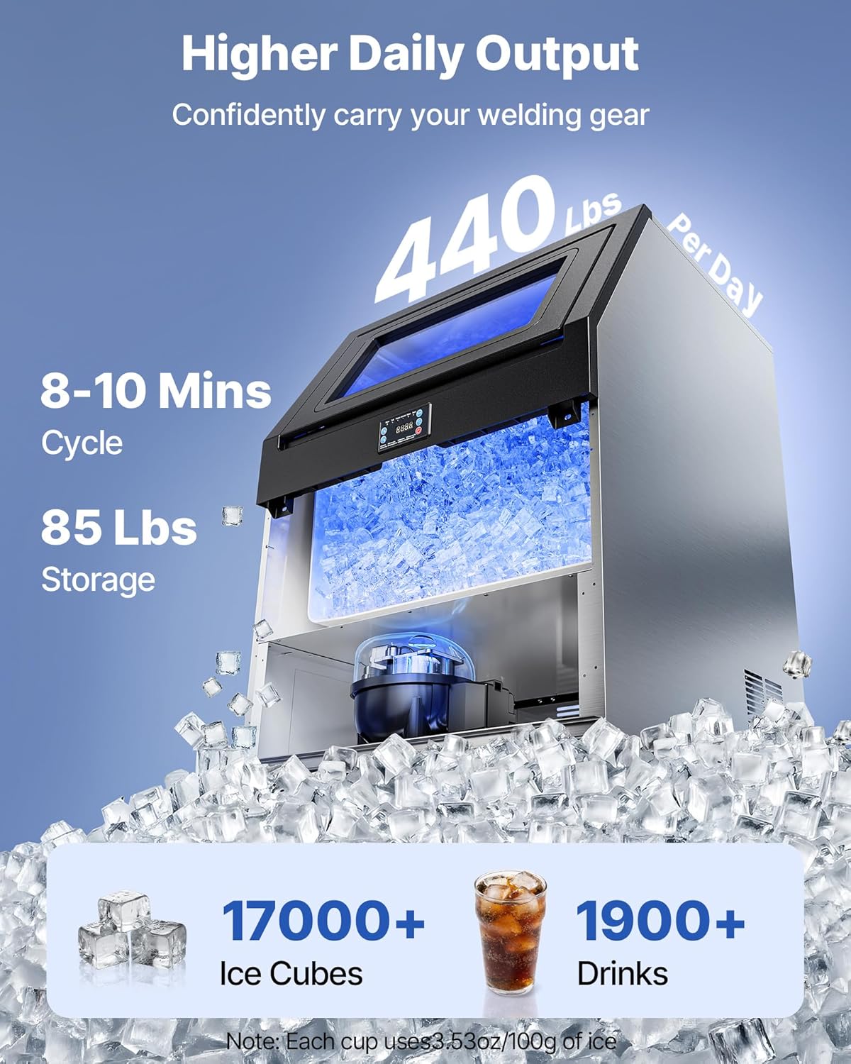 VEVOR Commercial Ice Maker Machine, 440 lbs/24h with 85 lbs Storage Capacity, Built-in/Freestanding/Under Counter, Stainless Steel Ice Maker with LED Display & Self-Cleaning, for Home Bar Restaurant