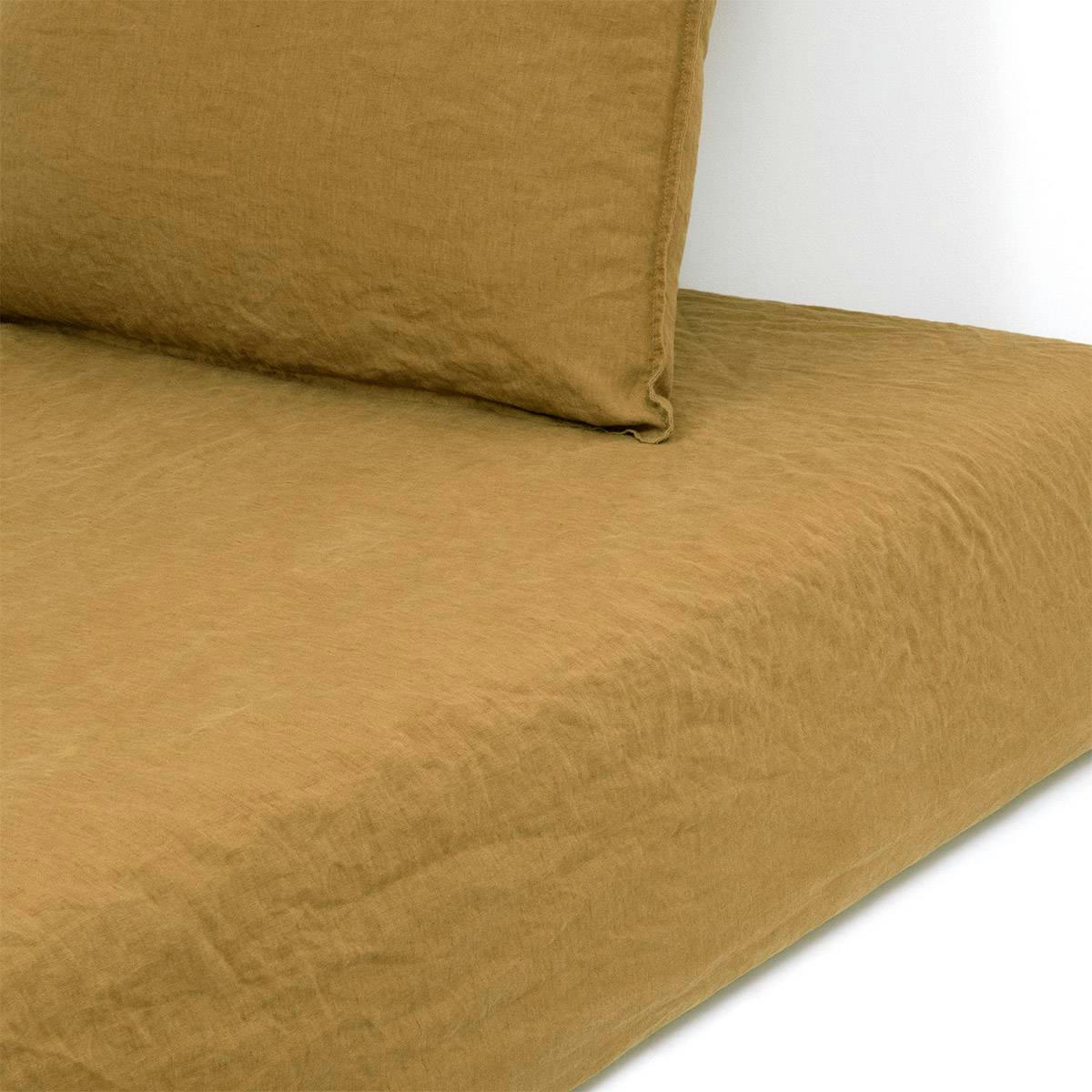 PETIT JOUR - Drap housse en  lin lavé jaune 200 x 200 cm