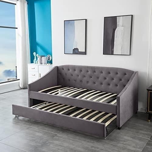 KOSY KOALA Daybed with Trundle Grey 3ft with 2 Mattresses Twin Velvet Tufted Wooden with 2 Mattresses Bedroom Living Room