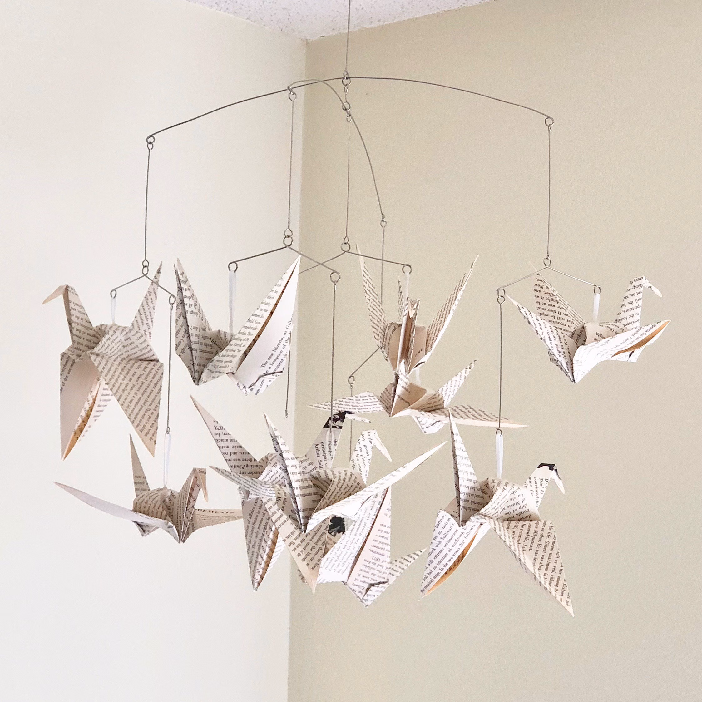 Vintage Book Page Crane Mobile | Origami Bird Nursery Decor (Handmade)