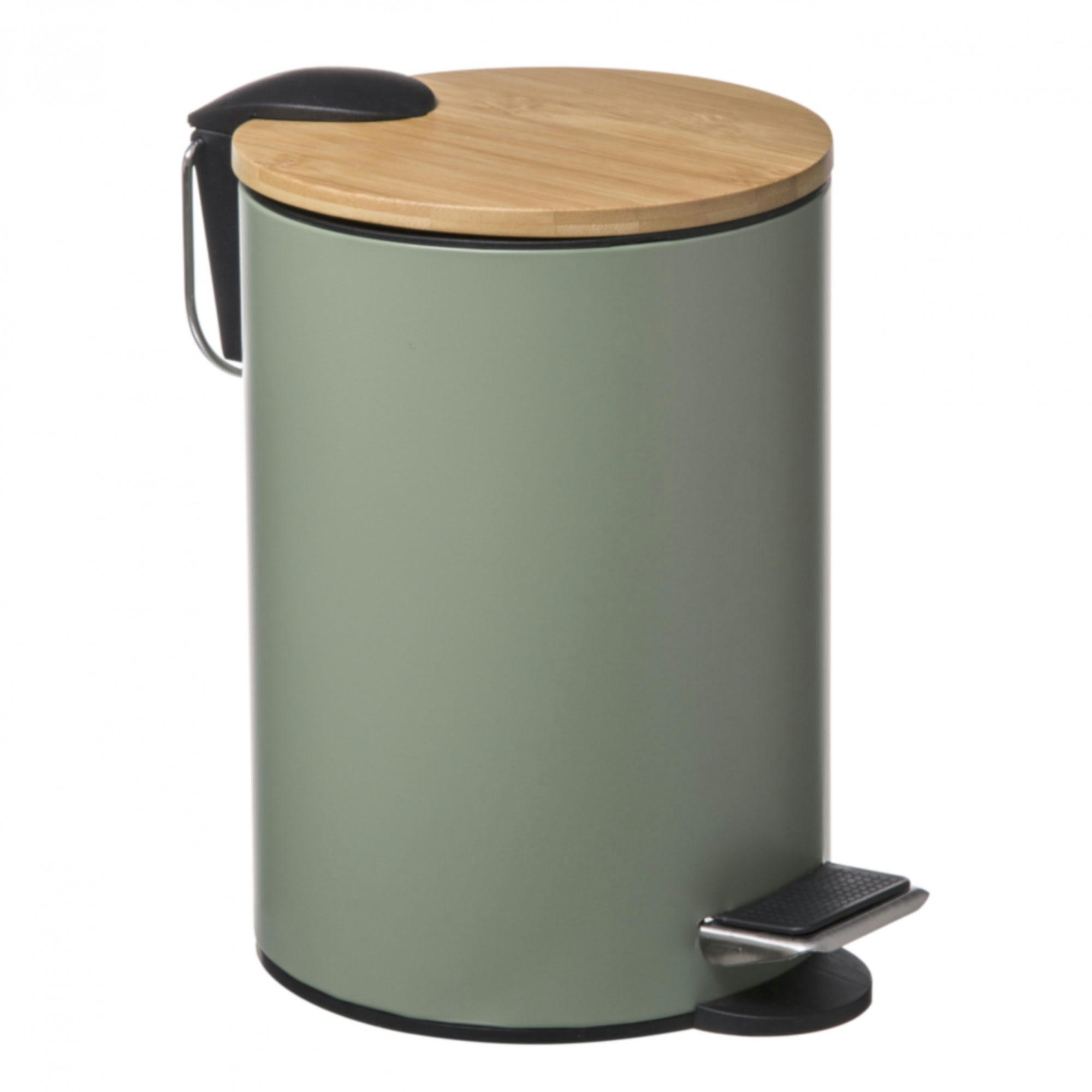 - Poubelle salle de bain métal vert kaki couvercle bambou - 3L