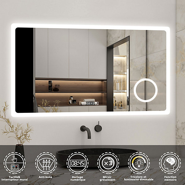 Miroir de salle de bain anti-buée avec horloge, blanc froid chaud neutre tactile mural miroir 120x70cm, AICA SANITAIRE