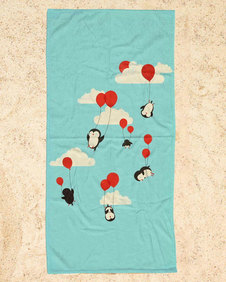 WE FLY - Serviette de plage en éponge-velours en blanc & bleu 90x180