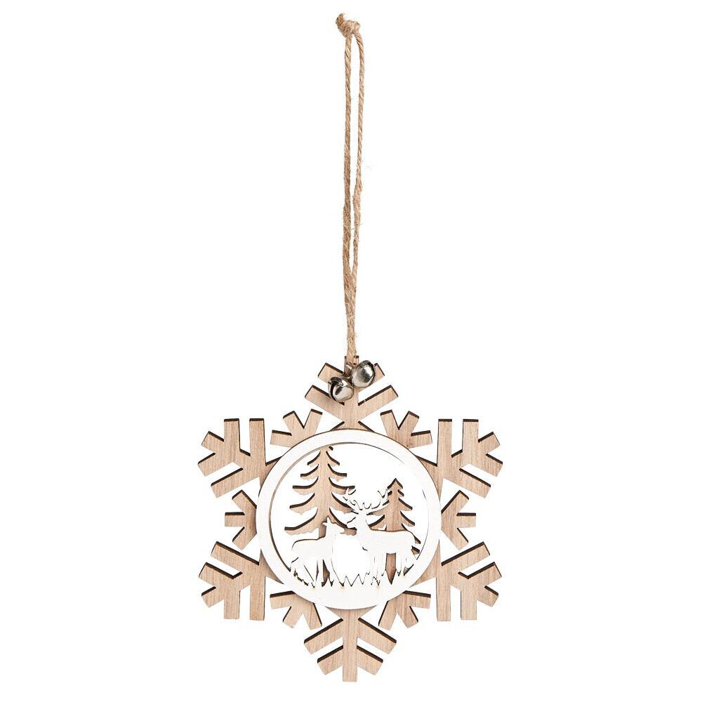 Suspension village de No&euml;l dans flocon en bois H12cm - 2 modèles