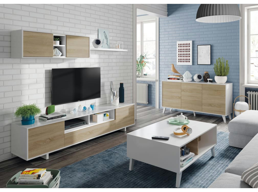 ABBY - Table basse avec panneau central relevable L100 x P68cm - Blanc / Bois