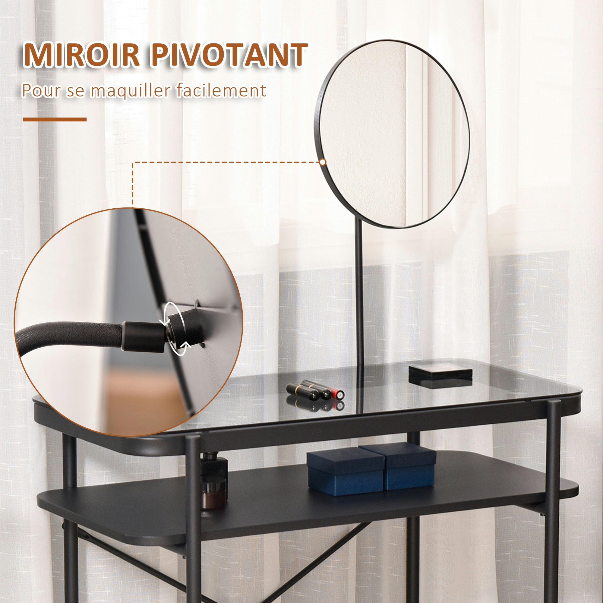 - Coiffeuse design plateau verre étagère miroir pivotant métal noir