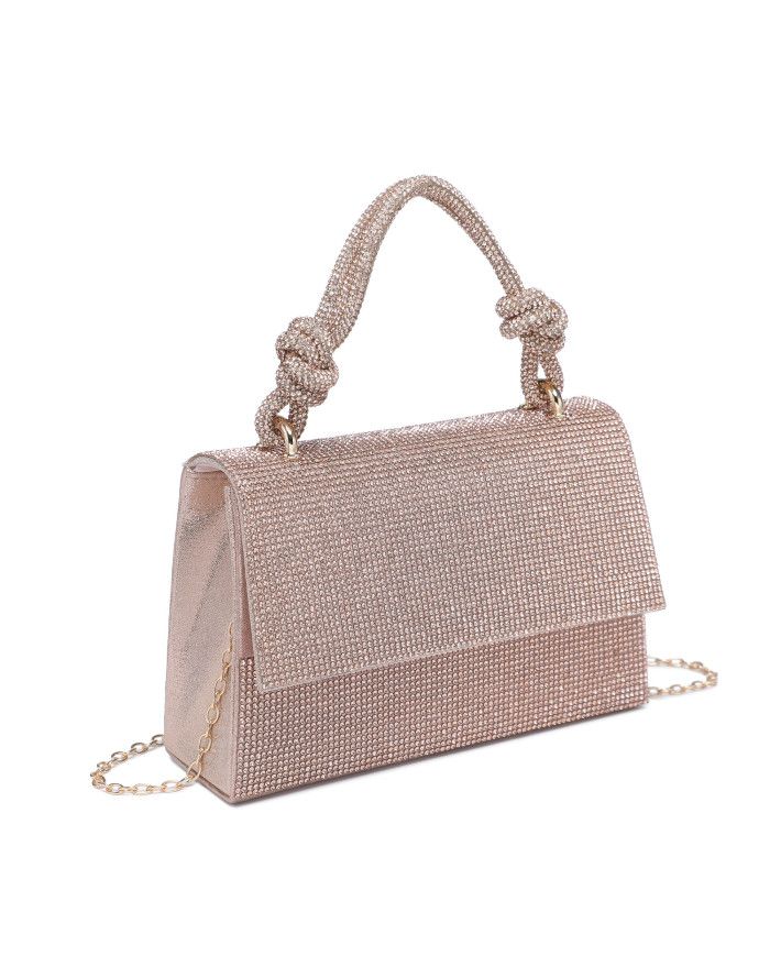 JFY Flap Rhinestone Embedded Knots Top Handle Diamante Clutch Bag