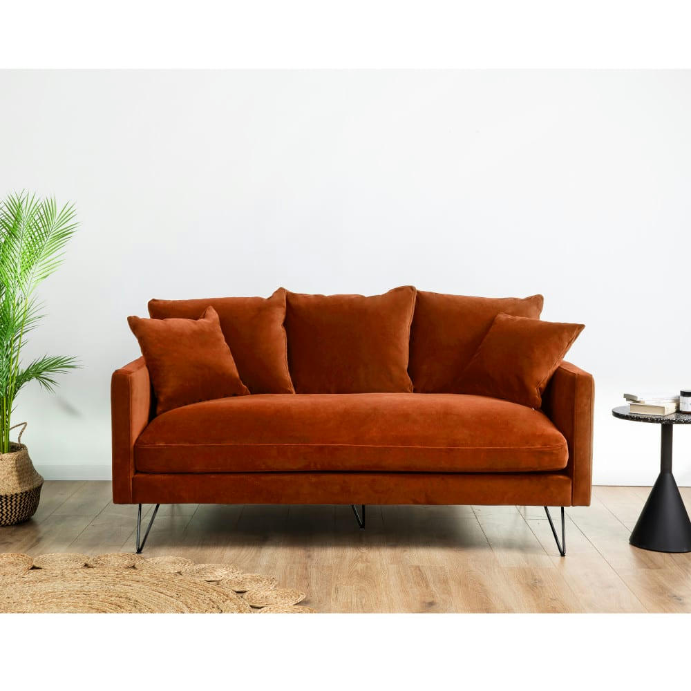 VILLABON - Canapé 3 places en velours pieds épingles noirs rouille