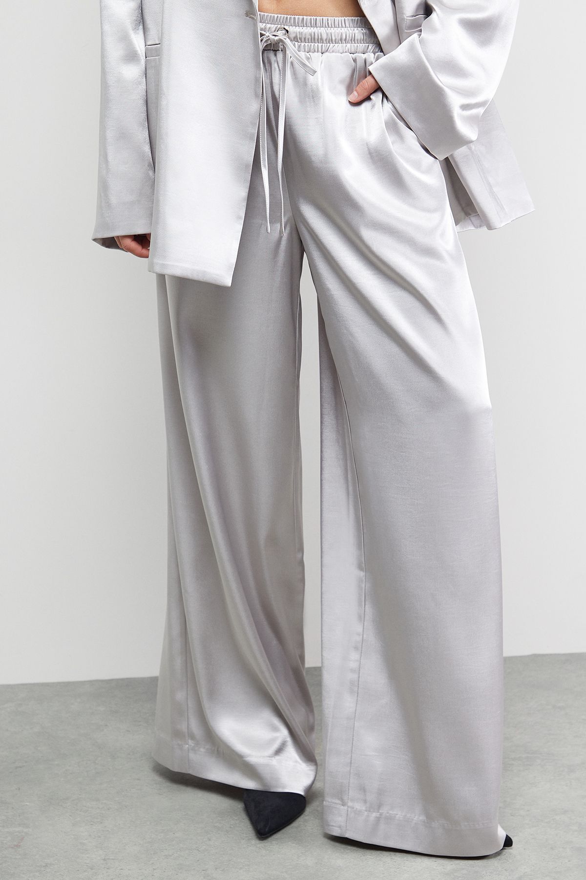 Warehouse High Shine Satin Drawstring Trousers Co-ord