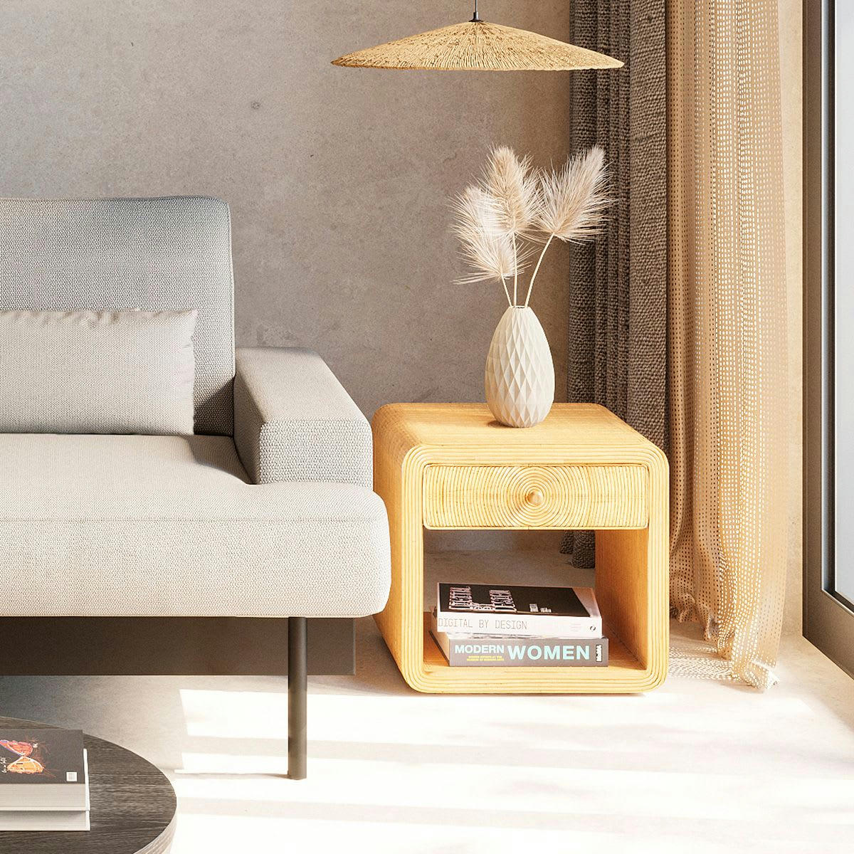 WAPA - Table de chevet style bohème rotin naturel h 52 cm 1 tiroir Wapa