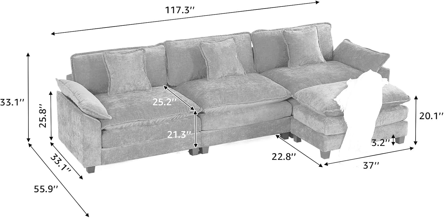117.3” Beige Modular Sectional Sofa, 3 Seater Large Sectional Couches for Living Room, Chenille Fabric Oversized Cloud Couch with Ottoman, Deep Seat Wide Armrest Home Sofas Set, Sofá Moderno, L Shaped