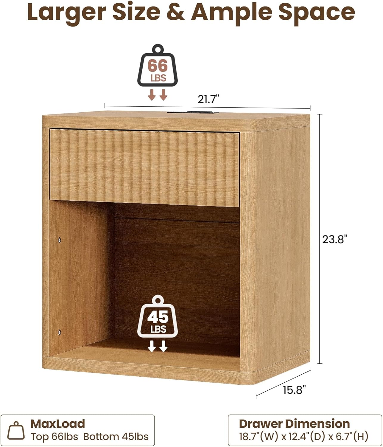 Fluted Nightstand Set of 2 with Charging Station, 21.7 Wide Modern Bedside Table with 1 Drawers Open Storage Cabinet, Wooden End Table for Bedroom, Natural Oak